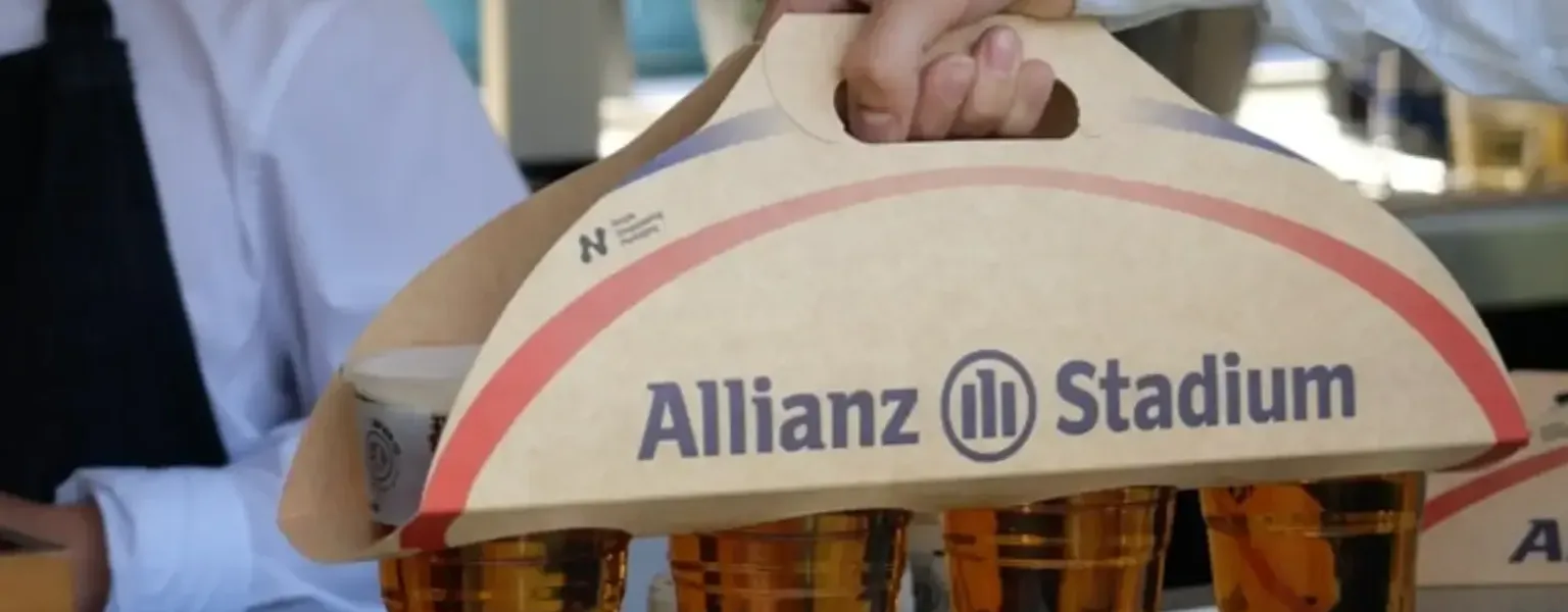 Allianz Stadium trials rugby ball-inspired plastic-free drinks carrier